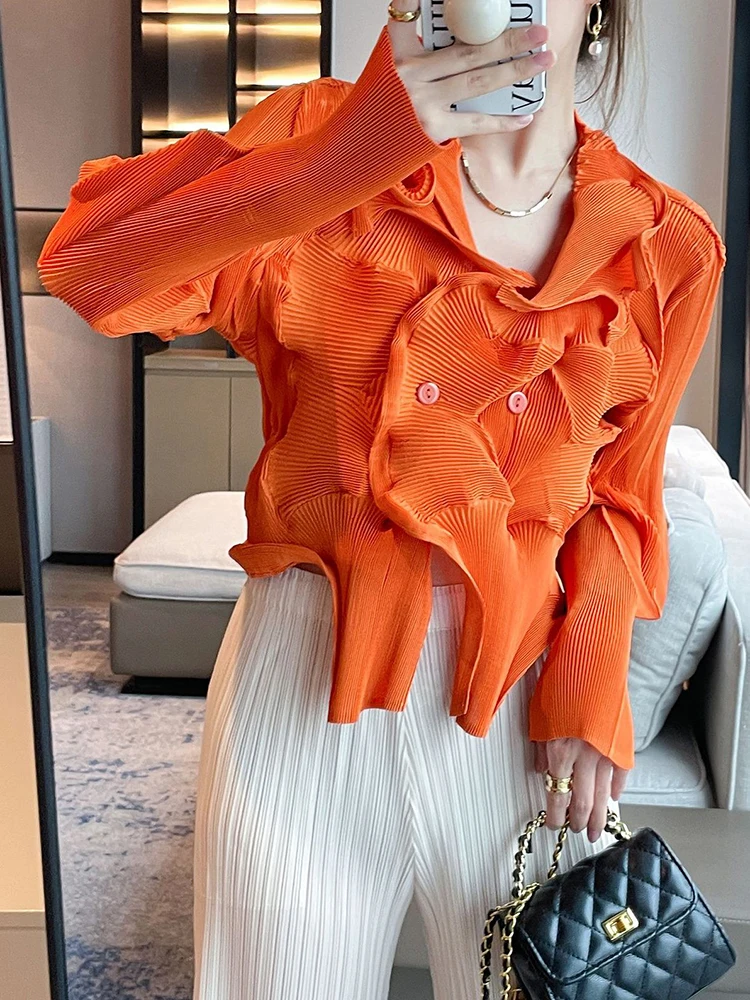 GVUW Pleated Irregular Jackets Women Lapel Double Breasted Full Sleeve Solid Color Versatile New 2024 Female Clothing 17G6638