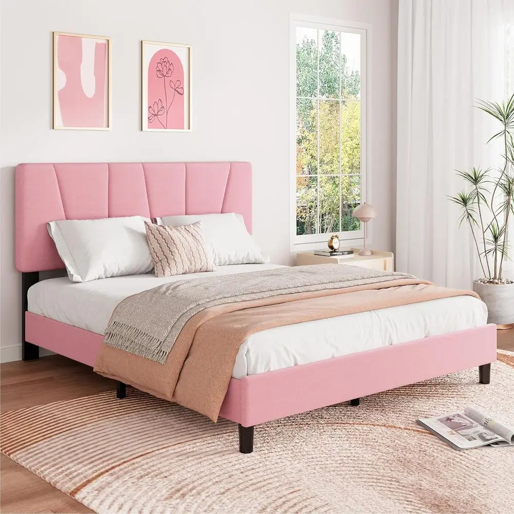 

3-Level Adjustable Queen Size Bed with Upholstered Platform and Wood Slat Support for Kids, Noise-Free, Easy Assembly, No Box Sp