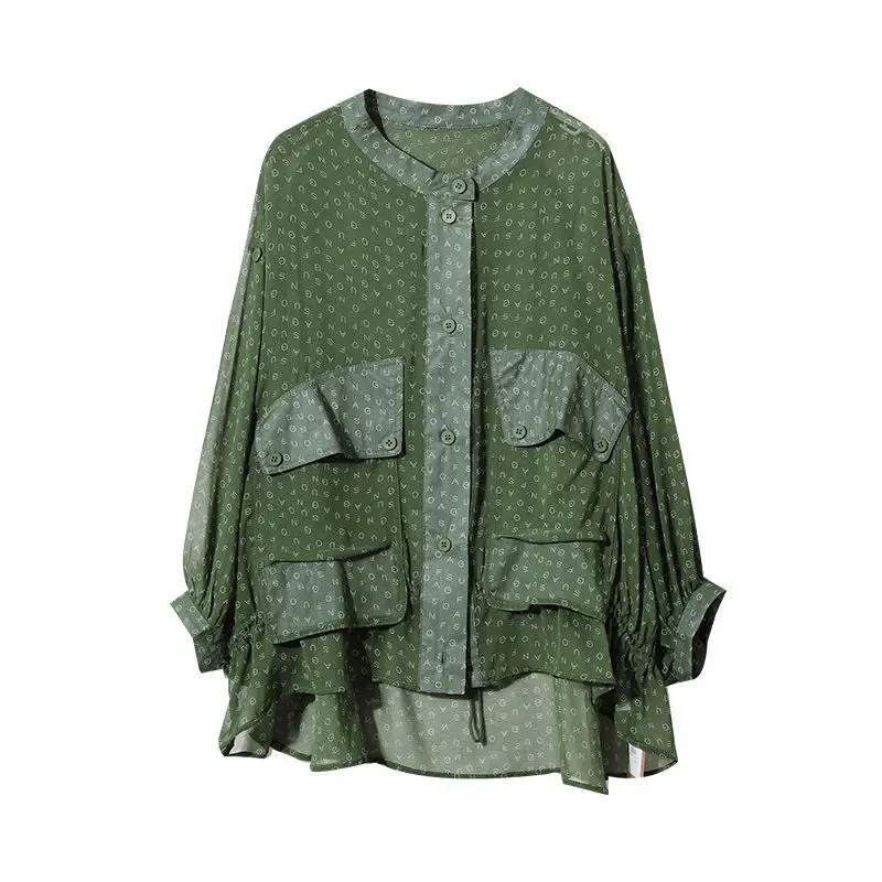 Summer Thin Jacket Female New 2023 Women Chiffon Shirt Top Letter Printing Large Pocket Coat Loose Green Section Sun Protection