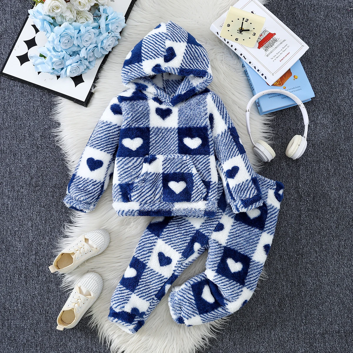 Children's Blue And White Plaid Hearted Two-Piece Set Adorable Sweet Hooded Design Furry Fabric Heart Plaid Elastic Waist Pants
