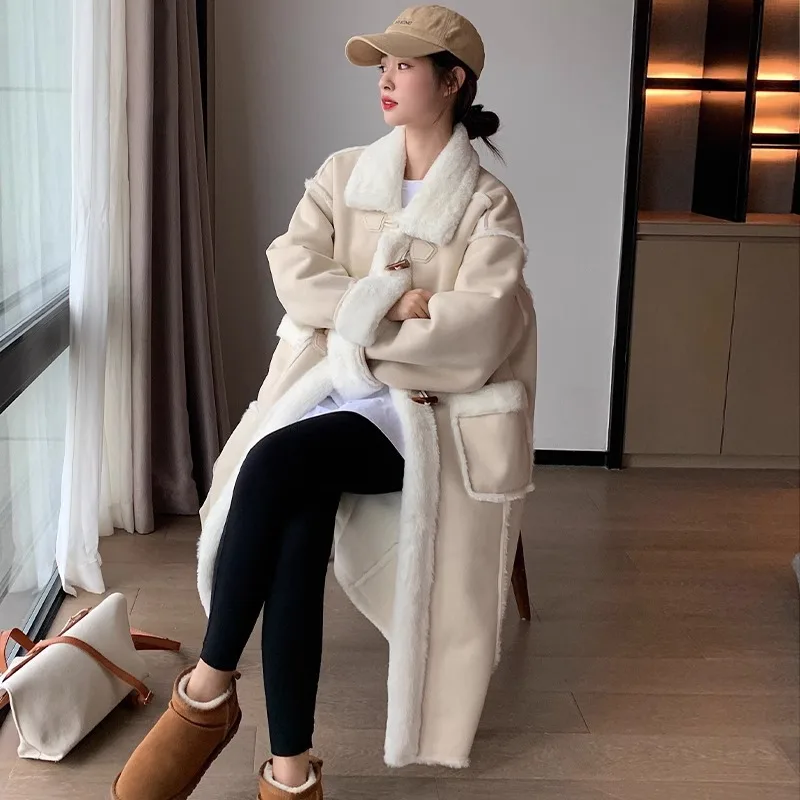 Winter New Style Women's Long Thickened Sheepskin Coat with Buttoned Leather And Fur Integration Velvet Outer Jacket
