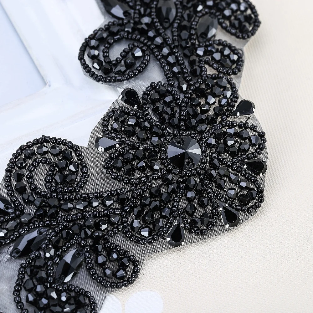 FZD 1 PC Black Crystal Rhinestone Applique Welding Flower Patch Sew on Wedding Dress Sleeves Accessories Rhinestone Applique DIY