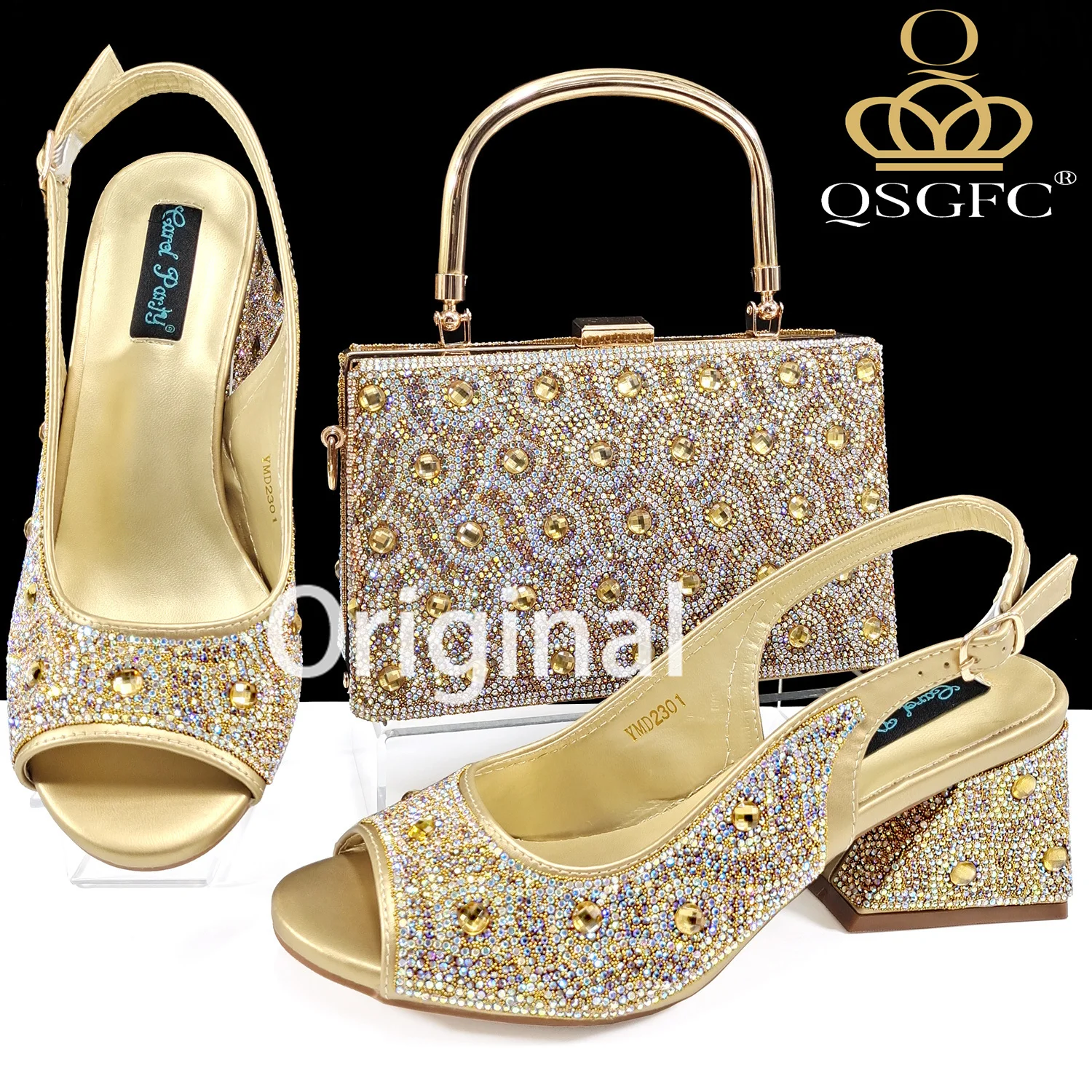 Hot Selling Mature Style Colorful Rhinestone Design Gold Color Peep Toe High Heel Lady Shoes and Bag Set for Party Wedding