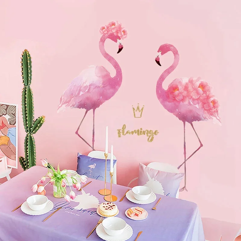 2 Pink Flamingo Feather Wall Stickers DIY Birds Animals Wall Decals for Kids Rooms Baby Bedroom Nursery Home Decoration