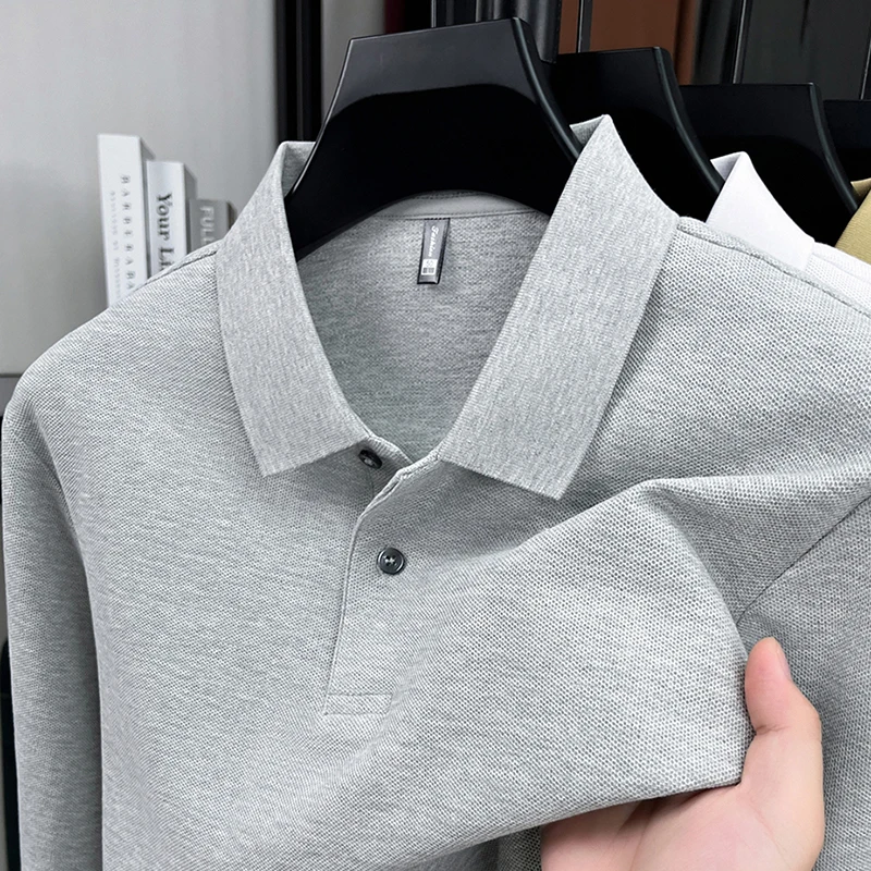 

100%pure cotton spring and autumn high-end luxury men's long sleeved solid color comfortable polo shirt business casual golf top