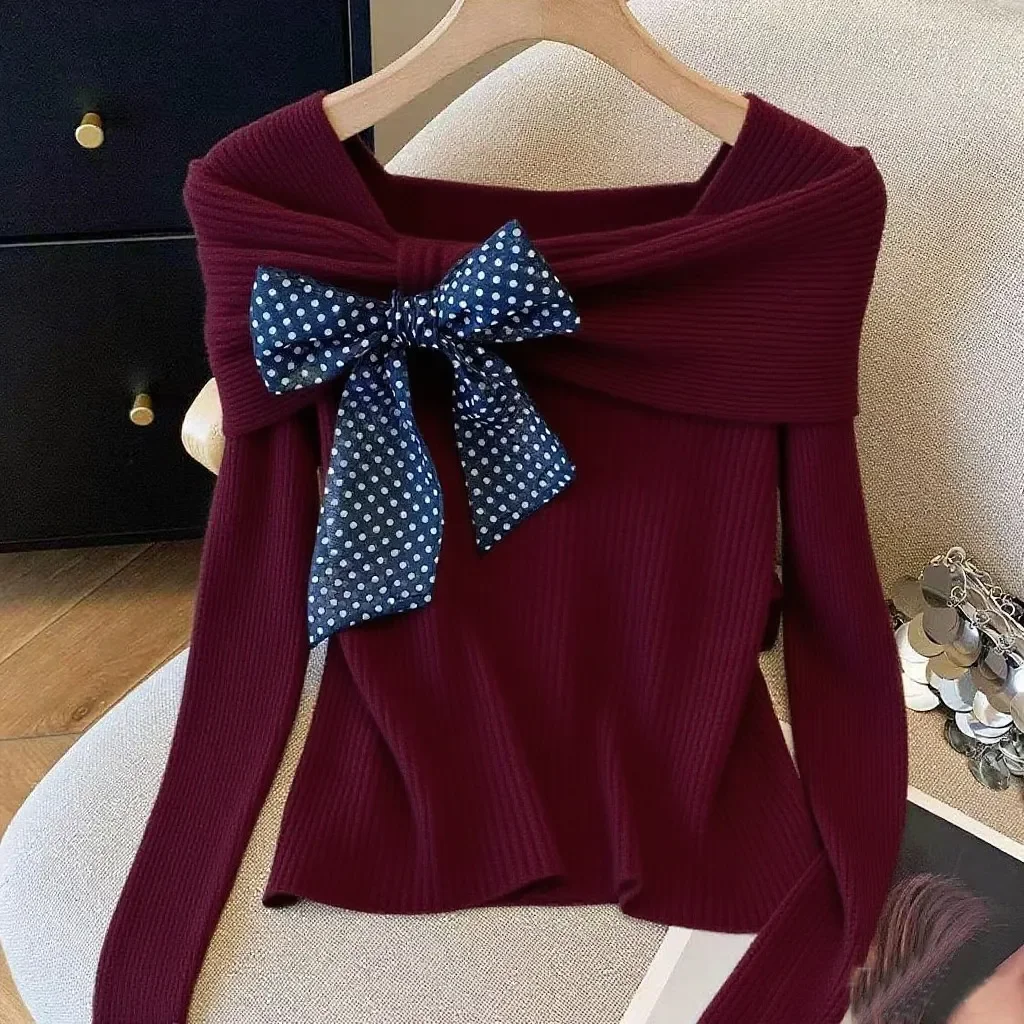 

Autumn Winter All-match Bottoming Shirt Female Casual Korean Patchwork Bow Slash Neck Long Sleeve T-Shirts Women Clothes Top Tee