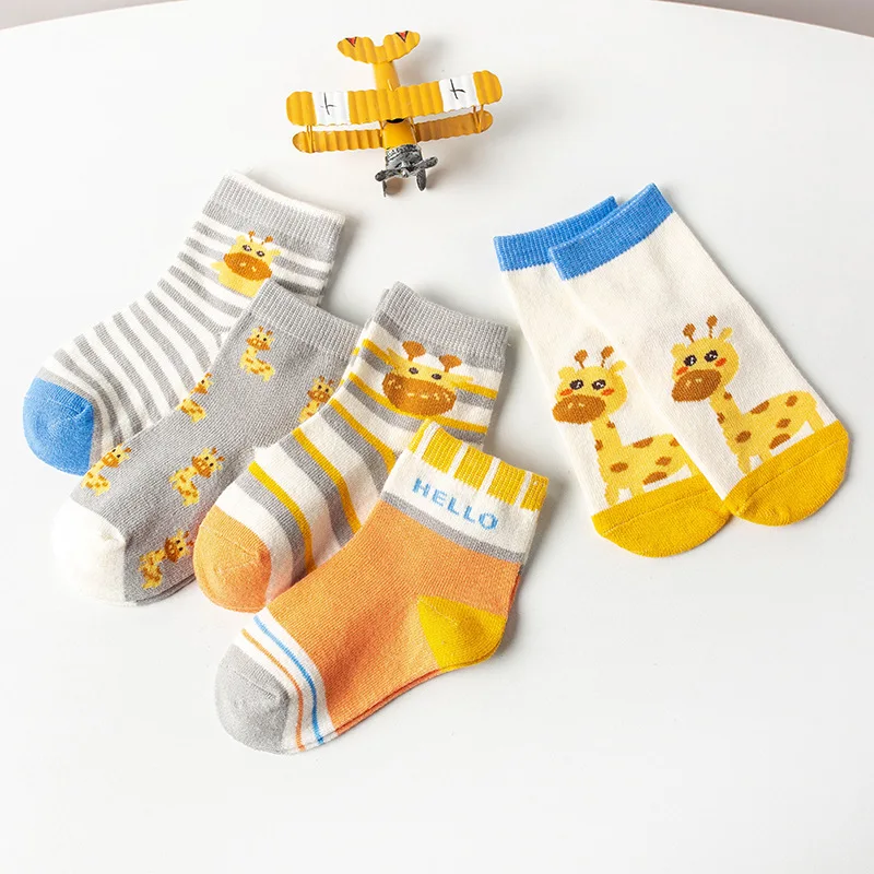 5 Pairs Kids Cartoon Giraffe Socks Boys Soft Cotton Mid Calf Socks Stripe Cute Toddler Breathable Casual Socks