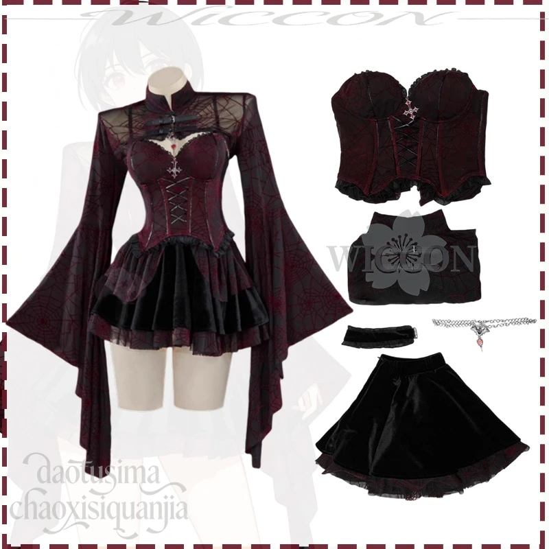 فستان Jirai Kei Gothic قصير أحمر أسود مخملي بحزام شبكي عنكبوت تصميم أصلي للفتيات ملابس أنشطة الهالوين وأعياد الميلاد