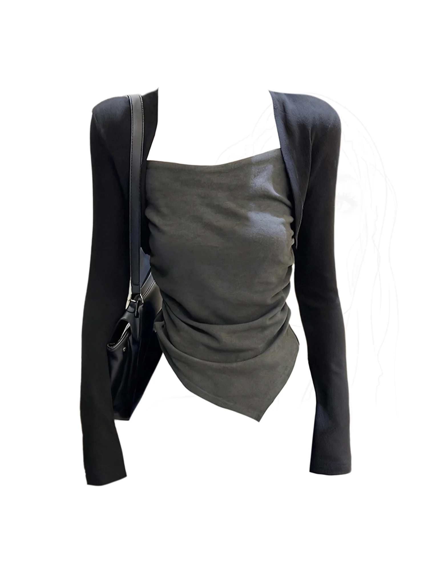 

Женская серая лоскутная футболка Y2k, винтажная эстетичная футболка Harajuku Gyaru 2000-х годов, футболки с длинными рукавами и квадратным воротником, осень 2025 г.