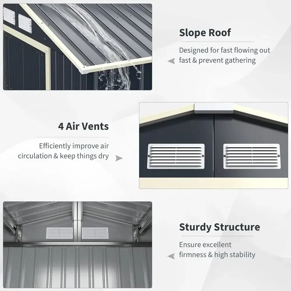 Galvanized Steel Outdoor Storage Shed - 7x4 ft, Double Sliding Door, Air Vent for Garden, Lawnmower, Bikes, and Tools