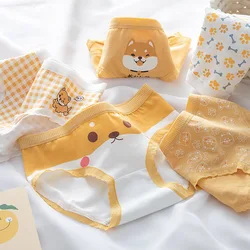 Cute Cartoon Yellow Puppy Printing Women's Underwear Plaid Pure Cotton Breathable Lolita Mid Waist Lovely Briefs Wholesale