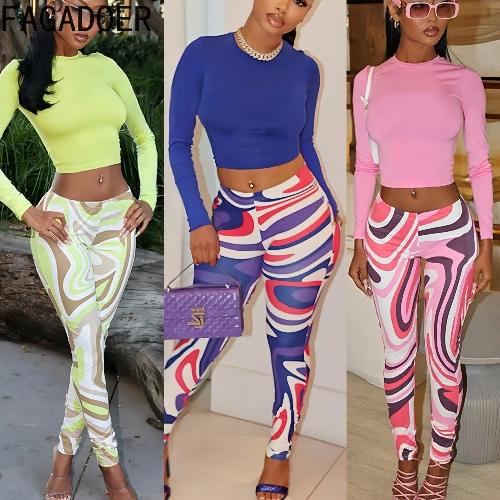 

FAGADOER Autumn New Fashion Woman 2 Piece Set Outfit Solid Color Long Sleeves Crop Top + Ripple Printing Pants Female Streetwear