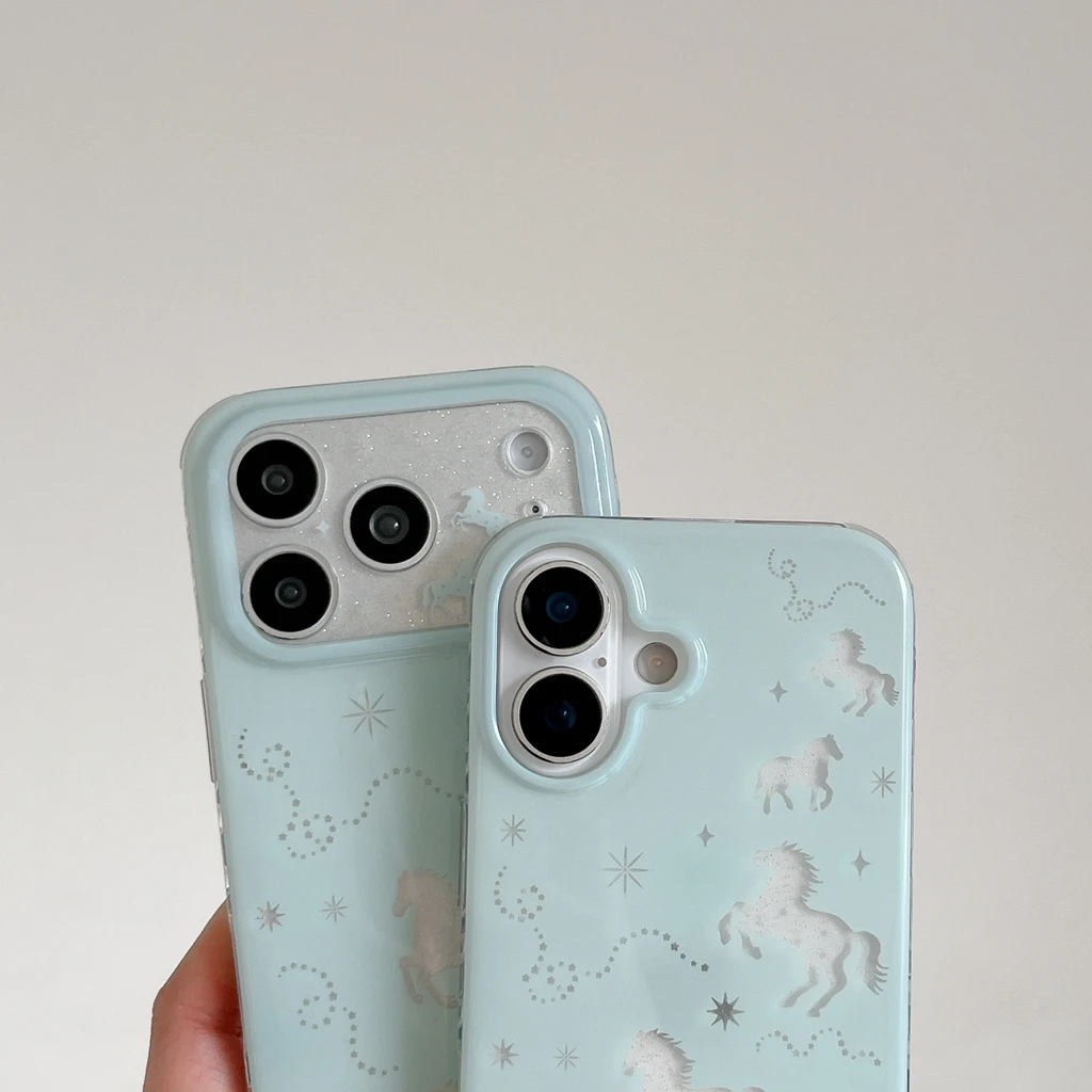 Frische, hellgrüne, ausgehöhlte Glitzer-Pony-Silhouette, silberner Stern, schützende Handyhülle für iPhone 18 17 16 15 14 Pro Max – Detail 8