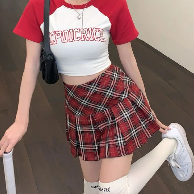 Mini saias plissadas mulheres vermelho verão harajuku europeu streetwear temperamento all-match adolescentes kawaii roupas moda preppy S-4XL ins