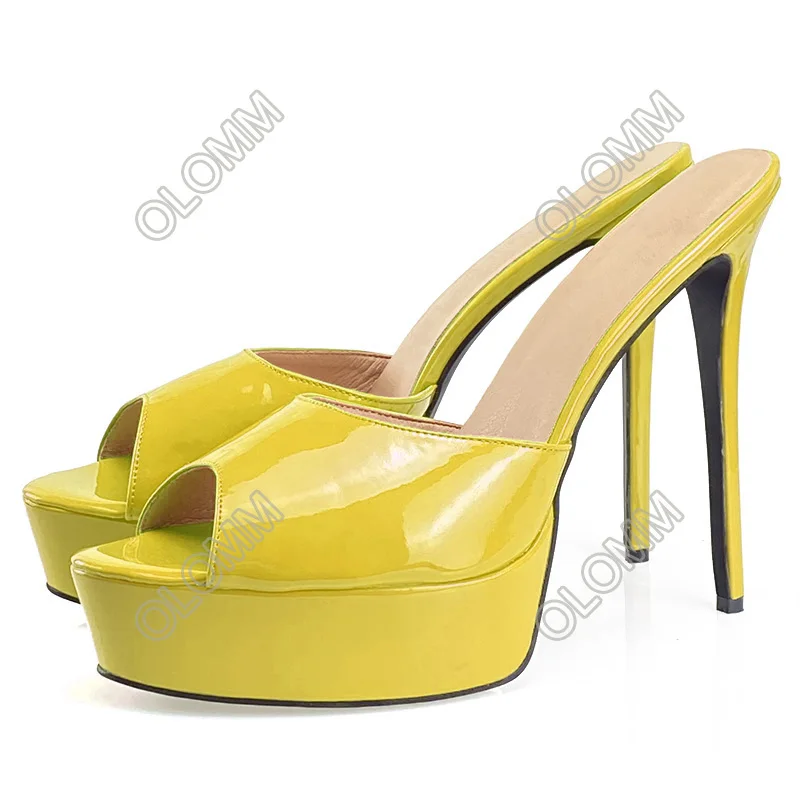 

Olomm/Новые женские босоножки-мюли на платформе, лакированные пикантные туфли на высоком каблуке-шпильке с открытым носком, великолепная женская обувь цвета фуксии, размер США, большие размеры 5-20
