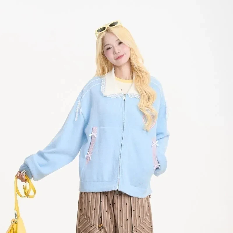 

Japanese Sweet Knit Cardigan Women Kawaii Lace Patchwork Lazy Wind Casual Sweater Chic Cute Bow Peter Pan Collar Loose Outwear