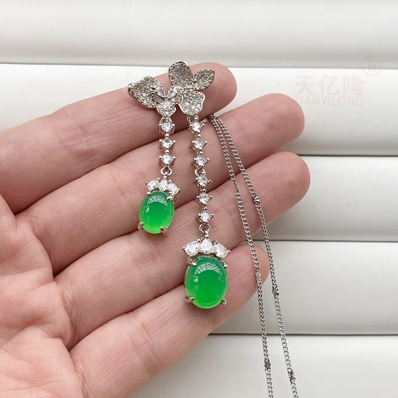 Natural Chalcedony Jade Pendant Silver Gemstone Necklace Ice Green Agate Drop for Women