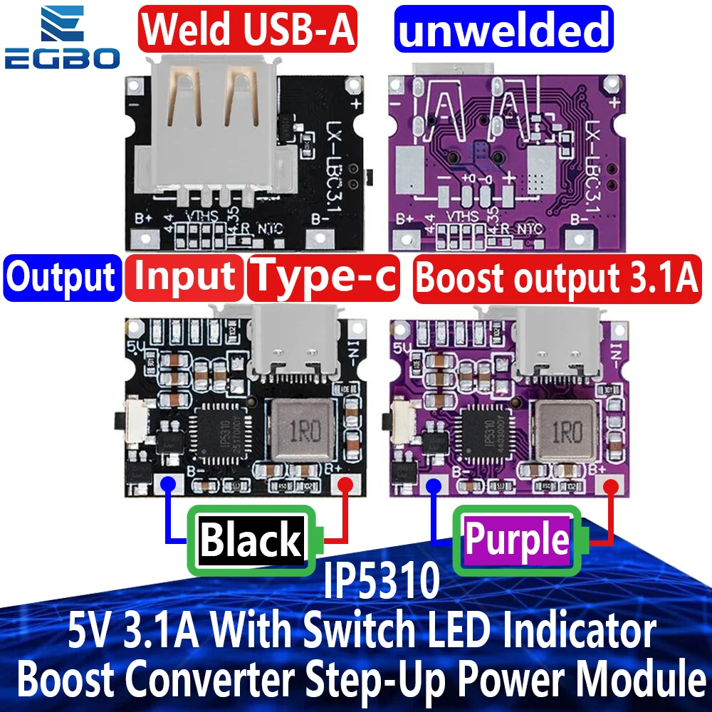 EGBO IP5310 Type-C USB-a 5V 3.1A Boost Converter Step-Up Power Module Power Bank Accessories With Switch LED Indicator