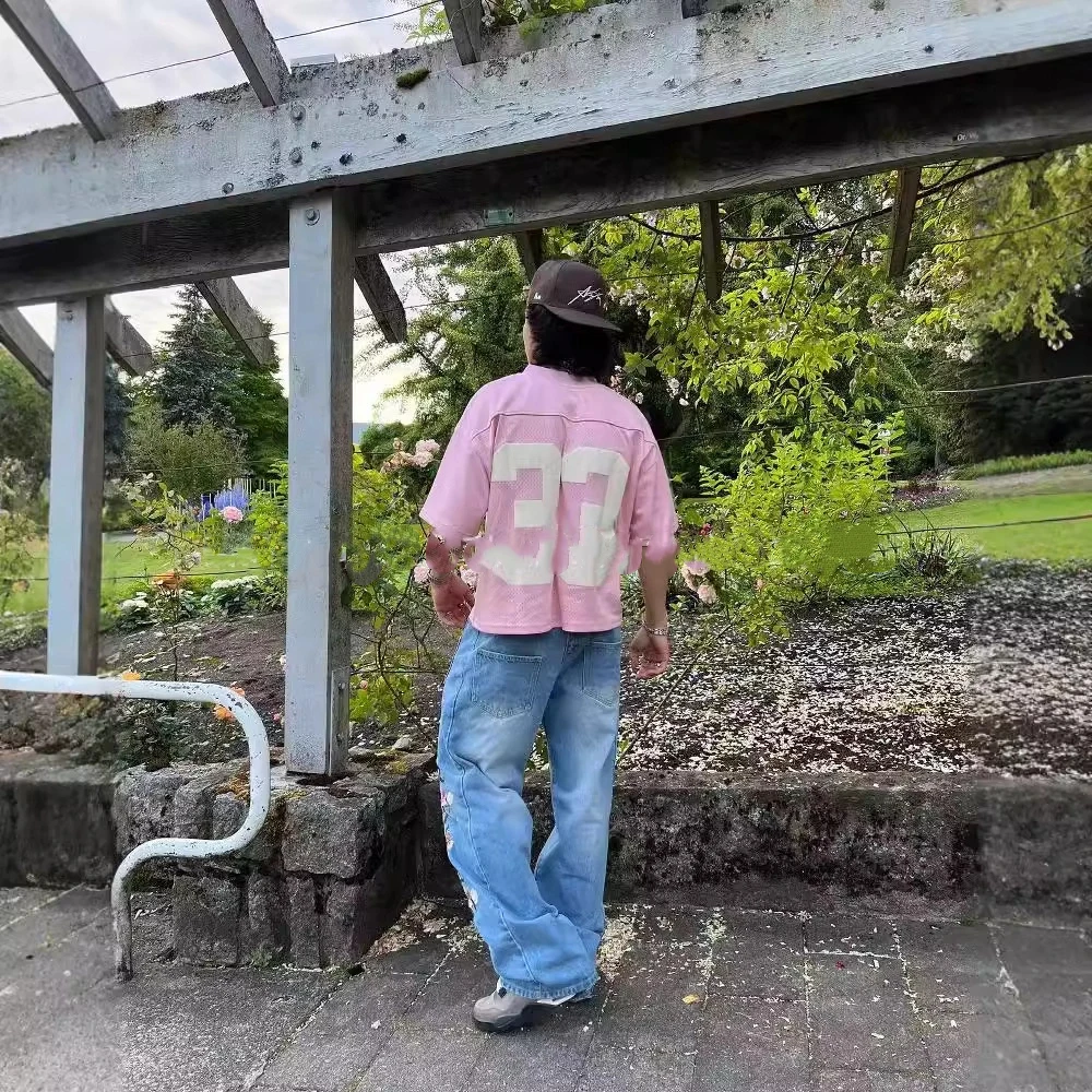 ฤดูร้อนอเมริกันวินเทจสีชมพูดอกไม้กางเกงยีนส์ขากว้างผู้หญิงสูงเอวล้างตรงกางเกงสบายๆหลวม Hip Hop แฟชั่น