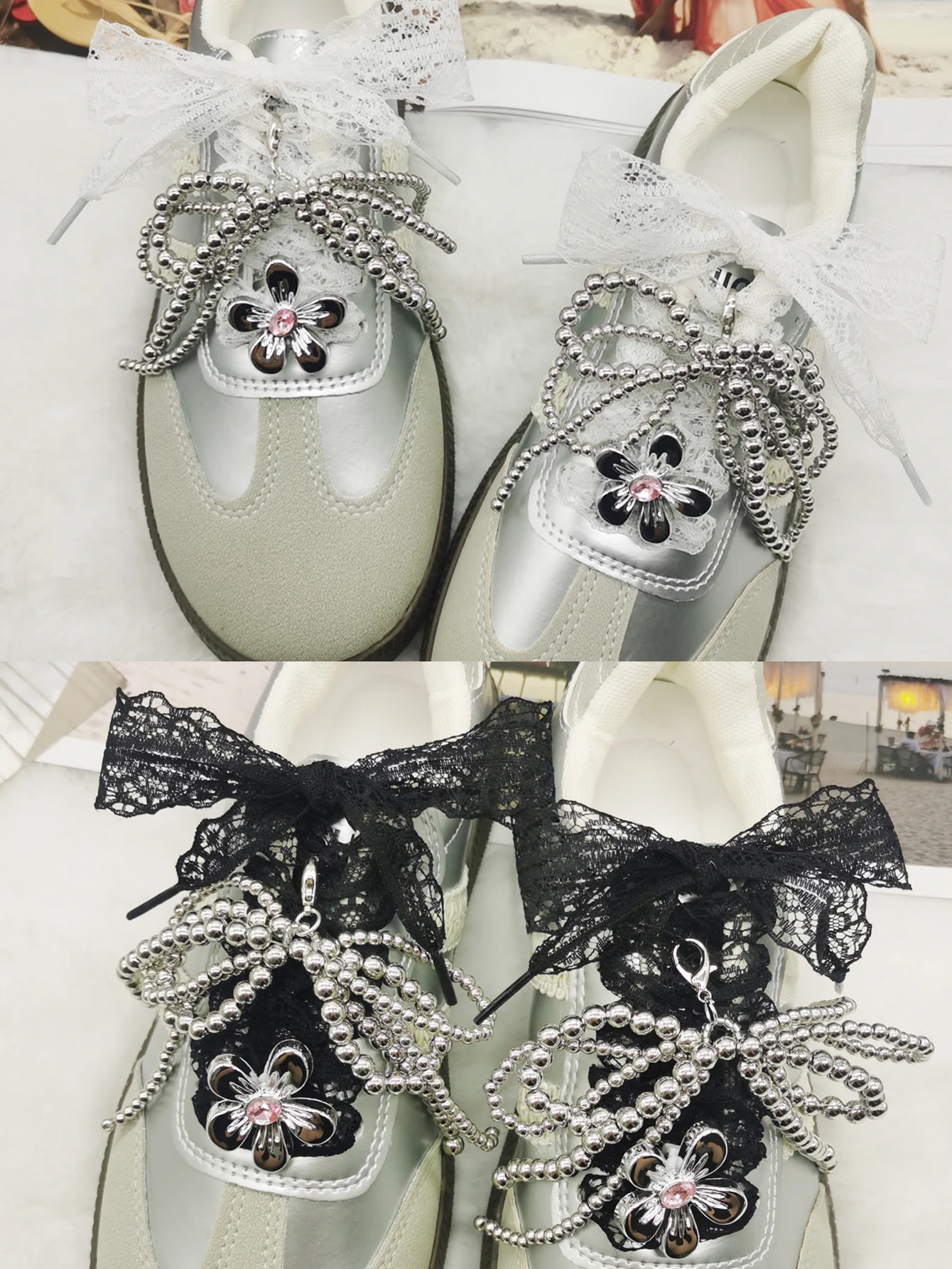 6PCS Spitze Schnürsenkel Dekor Barock Faux Perle Bogen Schuh Anhänger Dekorationen Blume Schnürsenkel Clips Zubehör Schwan Schuh Schnallen – Detail 8