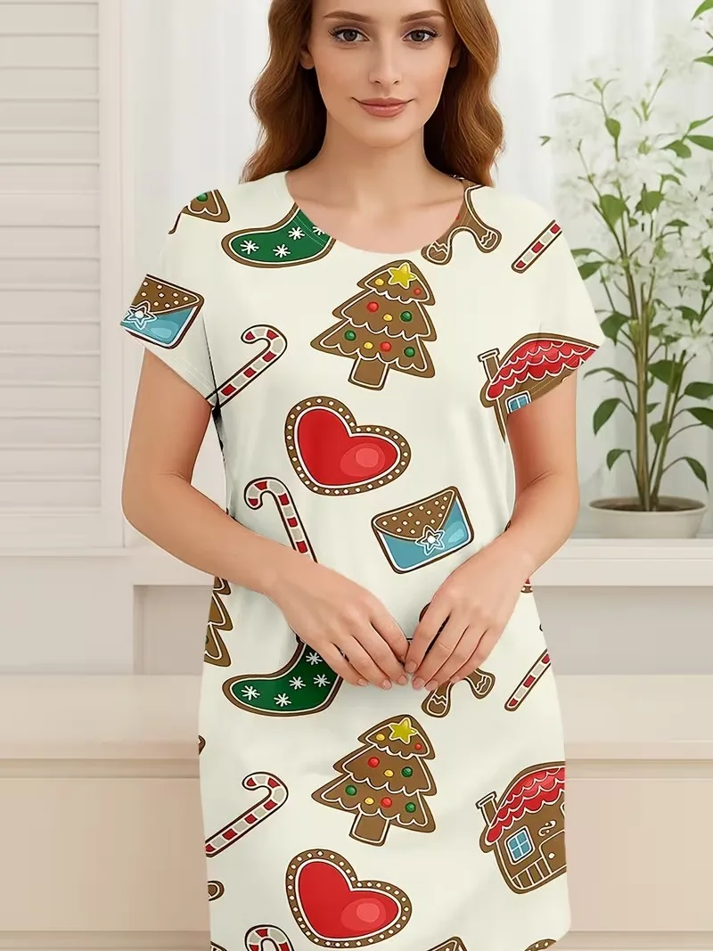 Women's short sleeved round neck dress, 3D printed New Year's sweet Christmas casual party daily women's clothing