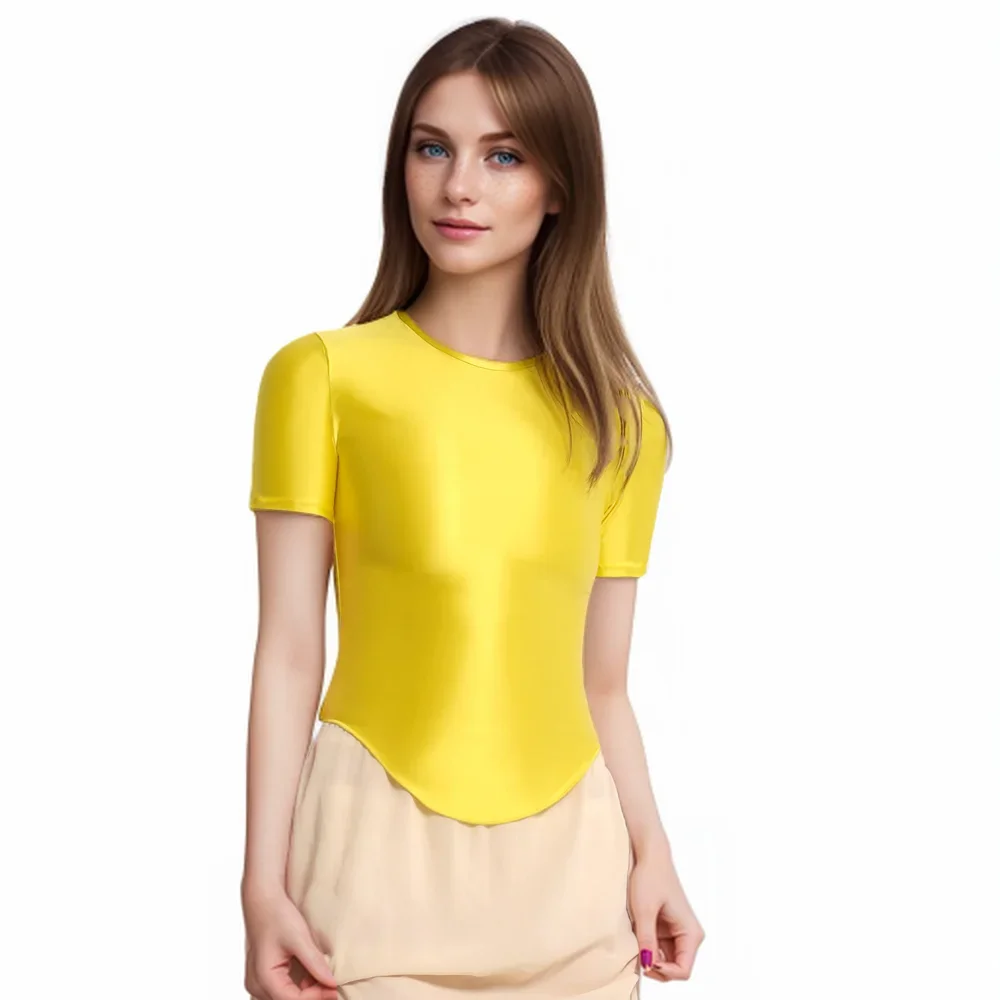 MJINM Women's Short Sleeve Crewneck Arc Tops Stretch Yoga Sports Tights Casual Swimming Undershirt Satin Glossy Spandex T-shirts