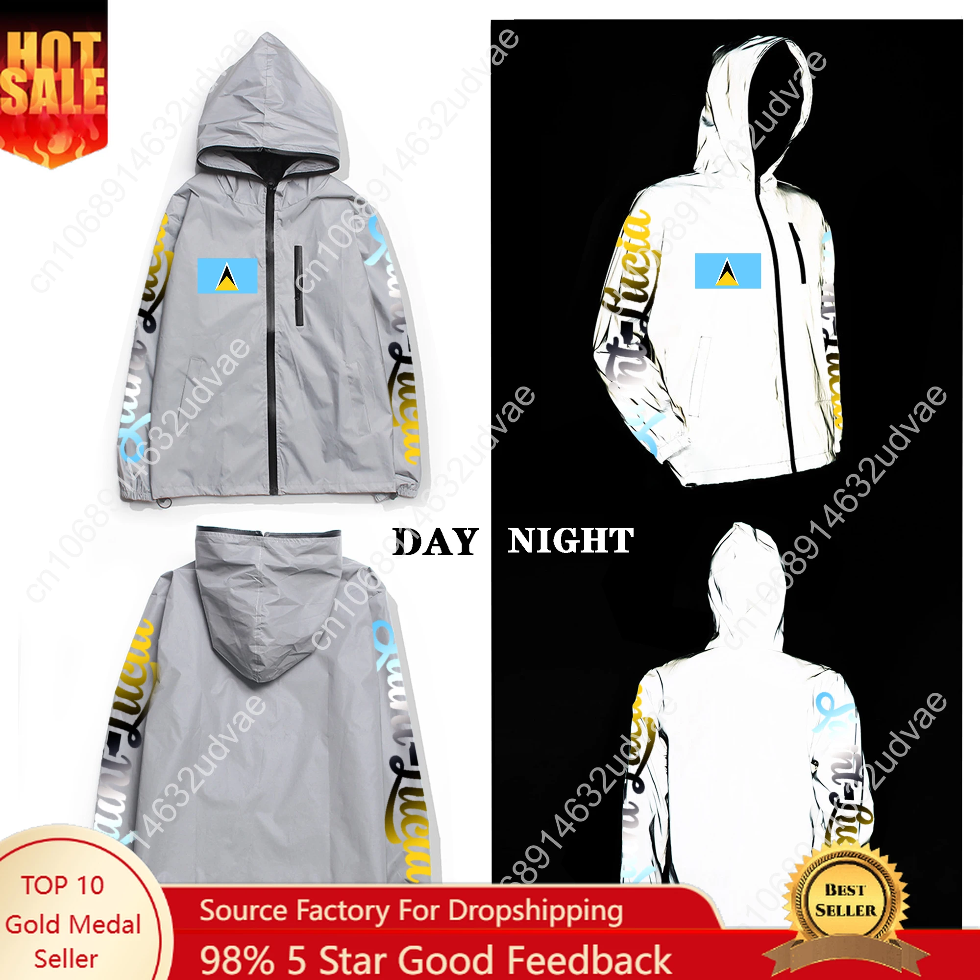 

Saint Lucia Flag Custom Reflective Jacket Mens Womens Coat Hooded Windbreaker Run Jackets Cycling Hiking Zipper Custom Hoodie