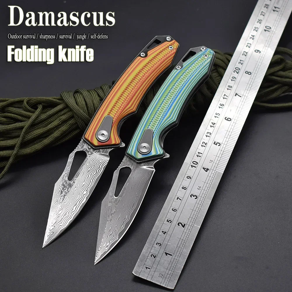 

Damascus steel fishbone G10 Handle folding knife Outdoor paring Camping survival