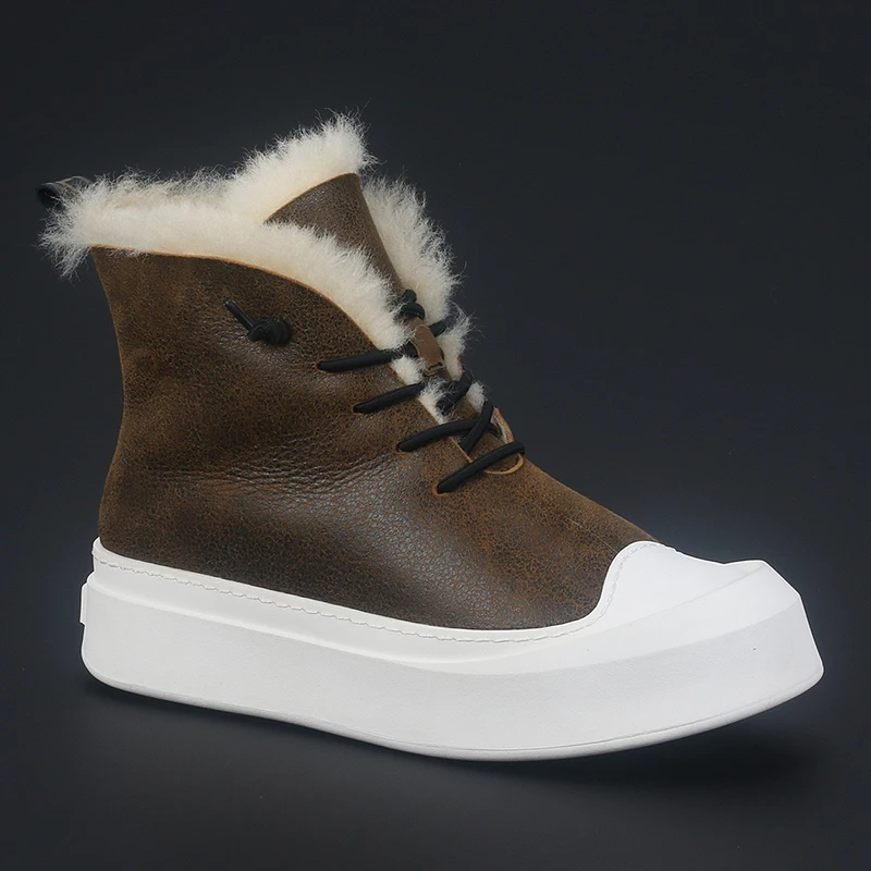 

British Fashion Thick Sole Warm Sheep Fur One Snow Boots Plus Fleece Wool Cotton Shoes Short Casual Retro Men's Ankle Boots