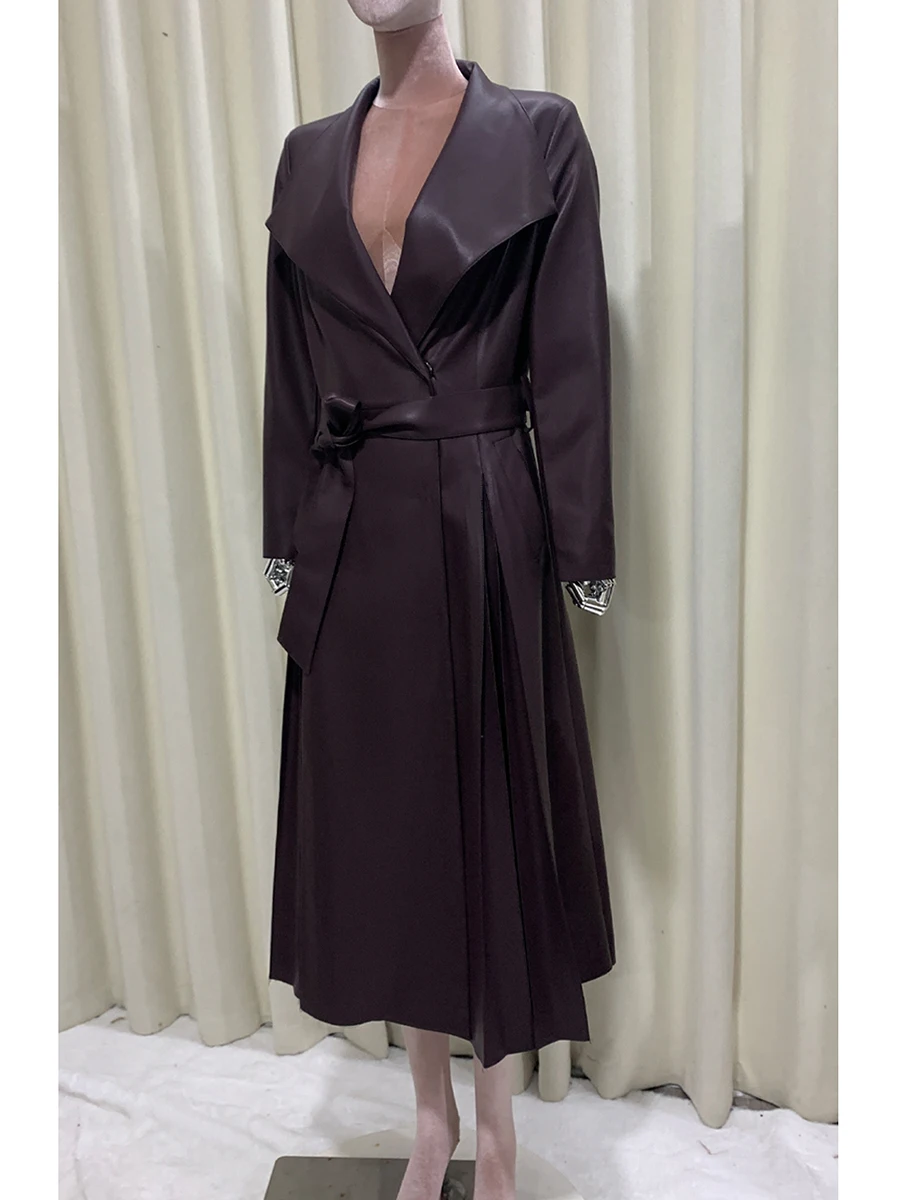 Primavera otoño largo suave falda fluida café Pu abrigo de cuero mujeres chal cuello fajas elegante Chic ropa de diseñador de lujo 2025