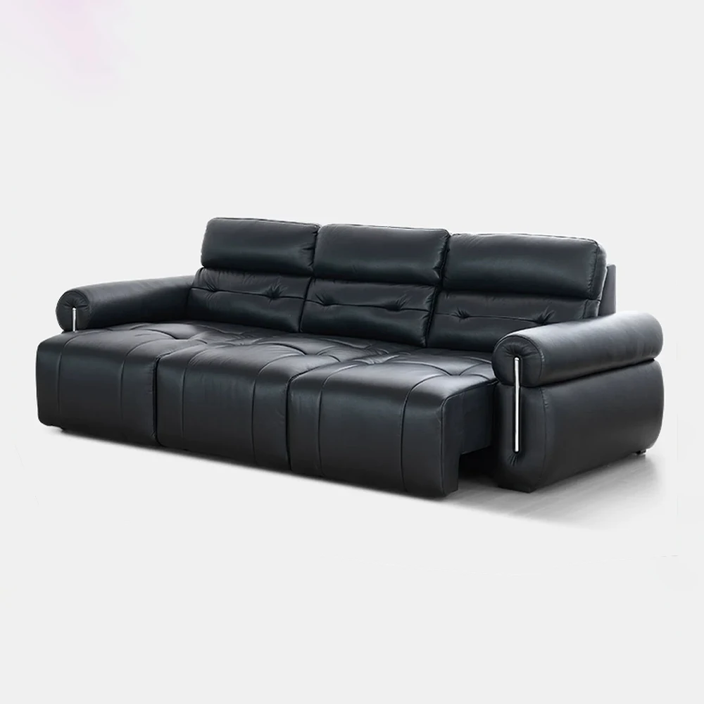 Modern Genuine Leather Convertible Sofa Bed with Adjustable Headrests and Fold-Down Console /Socket, Pull-Out Sleeper Sofa Couch
