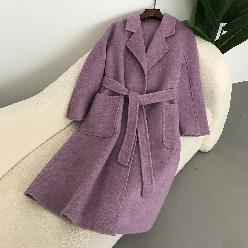 2024 Autumn Winter New Double-sided Cashmere Coat Women Long Loose Tailored Collar Wool Jacket Female Casual Fashion Office Lady