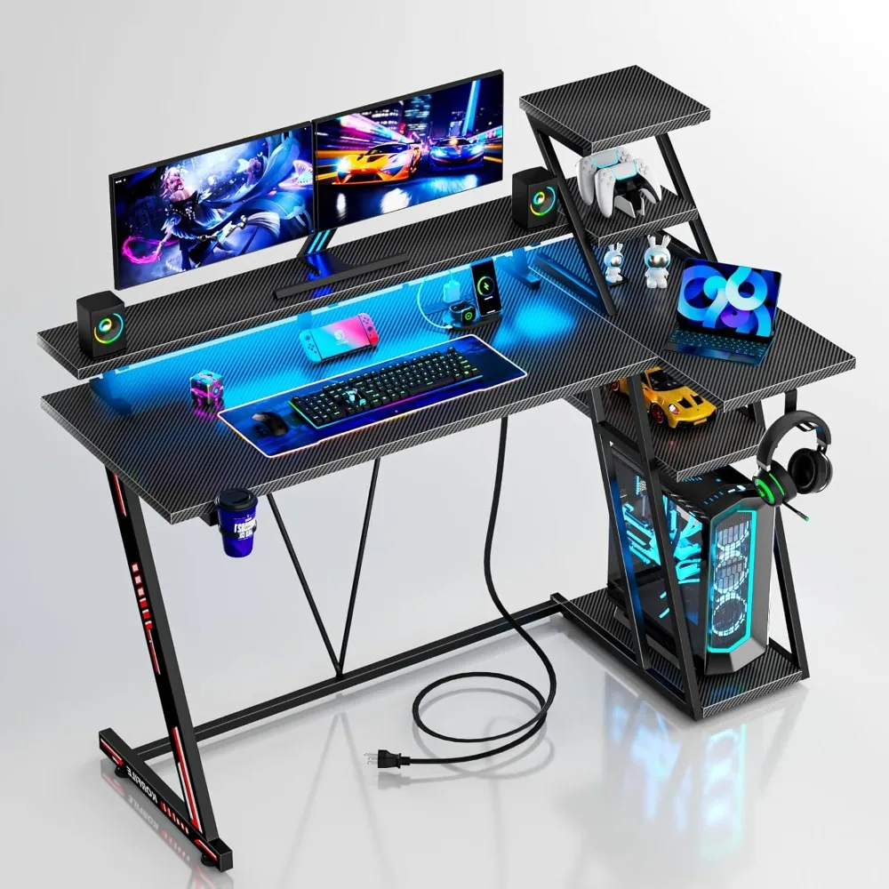 39 Inch Gaming Desk W LED Lights & Power Outlet, Small Computer Desk with Storage Shelves, L Shaped Gamer Workstations