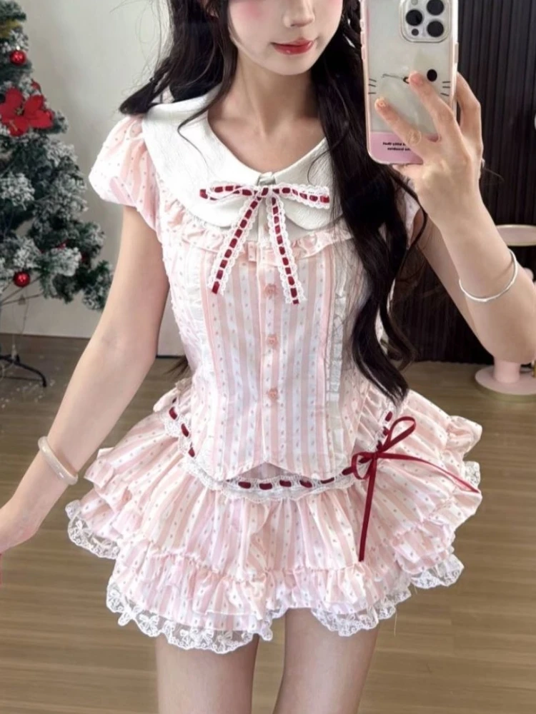 

Женский комплект из 2 предметов в милом консервативном стиле Y2k Kawaii с бантом в полоску, топы + мини-юбки, модные женские винтажные кружевные милые наряды
