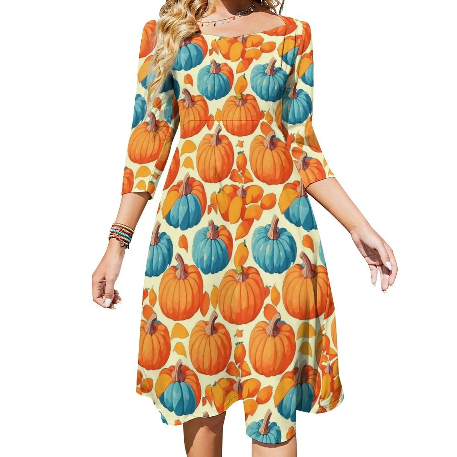 Intricate Pumpkins Dress Summer Sexy Blue And Orange Cute Dresses Woman Aesthetic Oversized Casual Dress Birthday Present