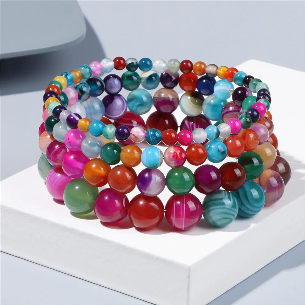 Fashion Natural Brown Striped Agates Bracelet Women 4/6/8/10mm Agates Beads Elastic Bracelets for Men Reiki Healing Boho Jewelry