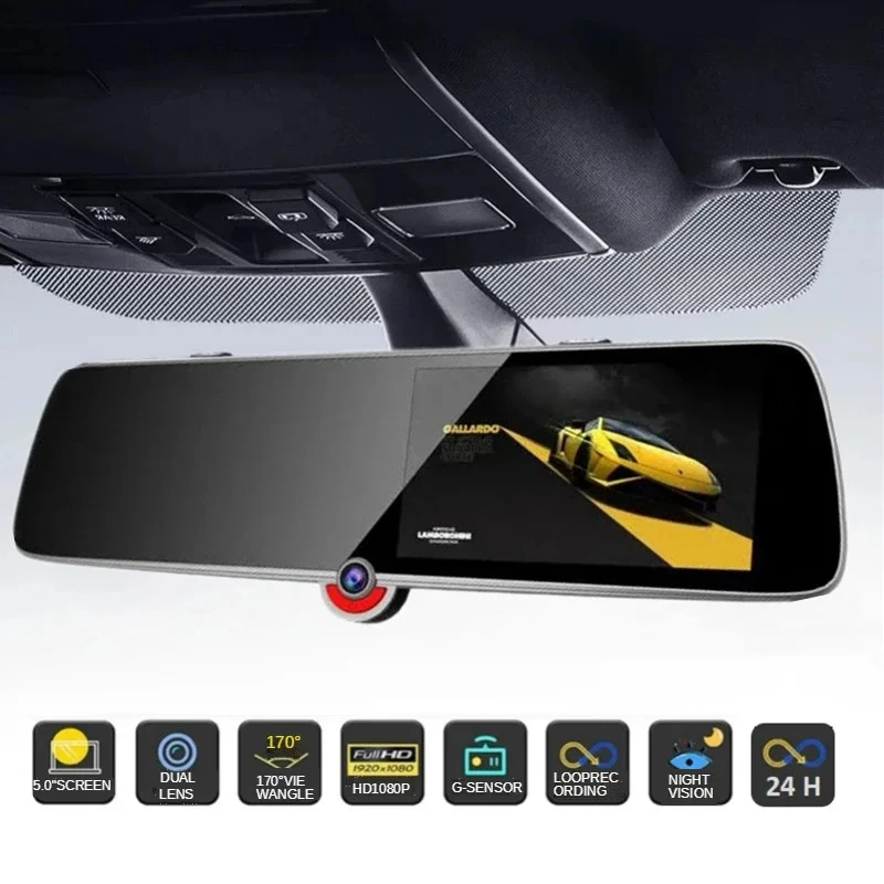 5Inch IPS Touch Screen Universal Car DVR Dash Cam FHD 1080P 3 Camera Auto Mirror Recorder Rear view reserving image