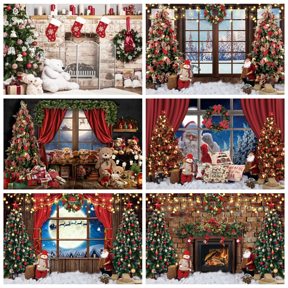 Christmas Backdrop for Photography Winter Christmas Tree Santa Claus Fireplace Wooden Window Kids Portrait Home Decor Background