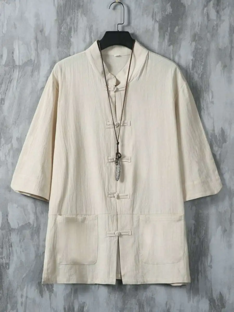 

Summer Cotton Linen ort Sve Retro irt Casual Thin Sle Men's Chinese Sle Pure Color f Sve Stand Collar irt
