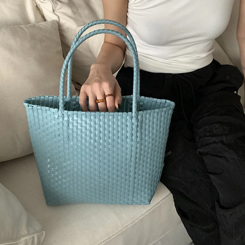 Ins Solid Woven Beach Bag Large Capacity Vacation Travel Picnic Outdoor Women Shoulder Bag Woven Storage Vegetable Basket