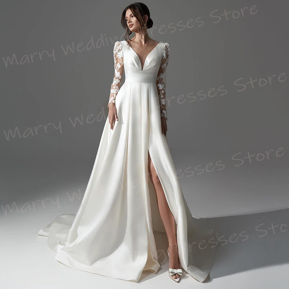 Robes de mariée simples et élégantes A-ligne pour femmes, appliques en dentelle classique sexy, col en V profond, quelle que soit la fente latérale charmante