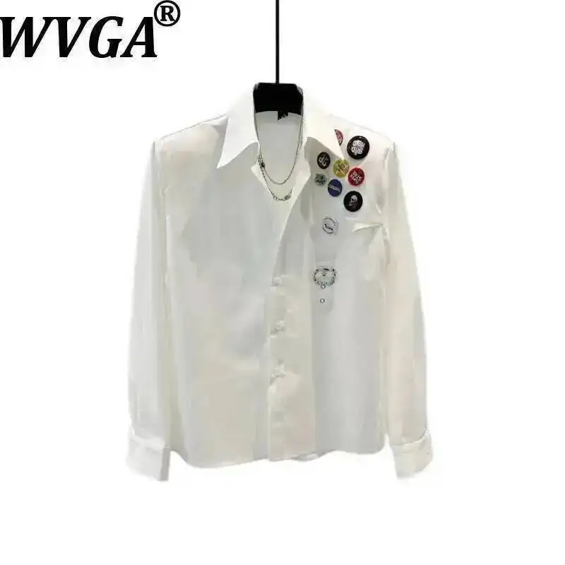 

WVGA Spring Summer New Men Badge Decorated Trendy Turn-Down Collar Long Sleeve Shirt Niche Chic Casual Loose Fit Tops Ins W23846