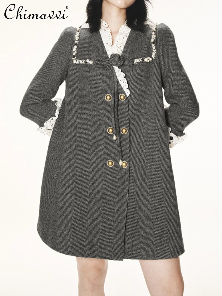 

French Elegant Fashion Beaded Doll Collar Long Sleeve Double-Breasted Loose Versatile Woolen Long Jackets Coat for Women Winter