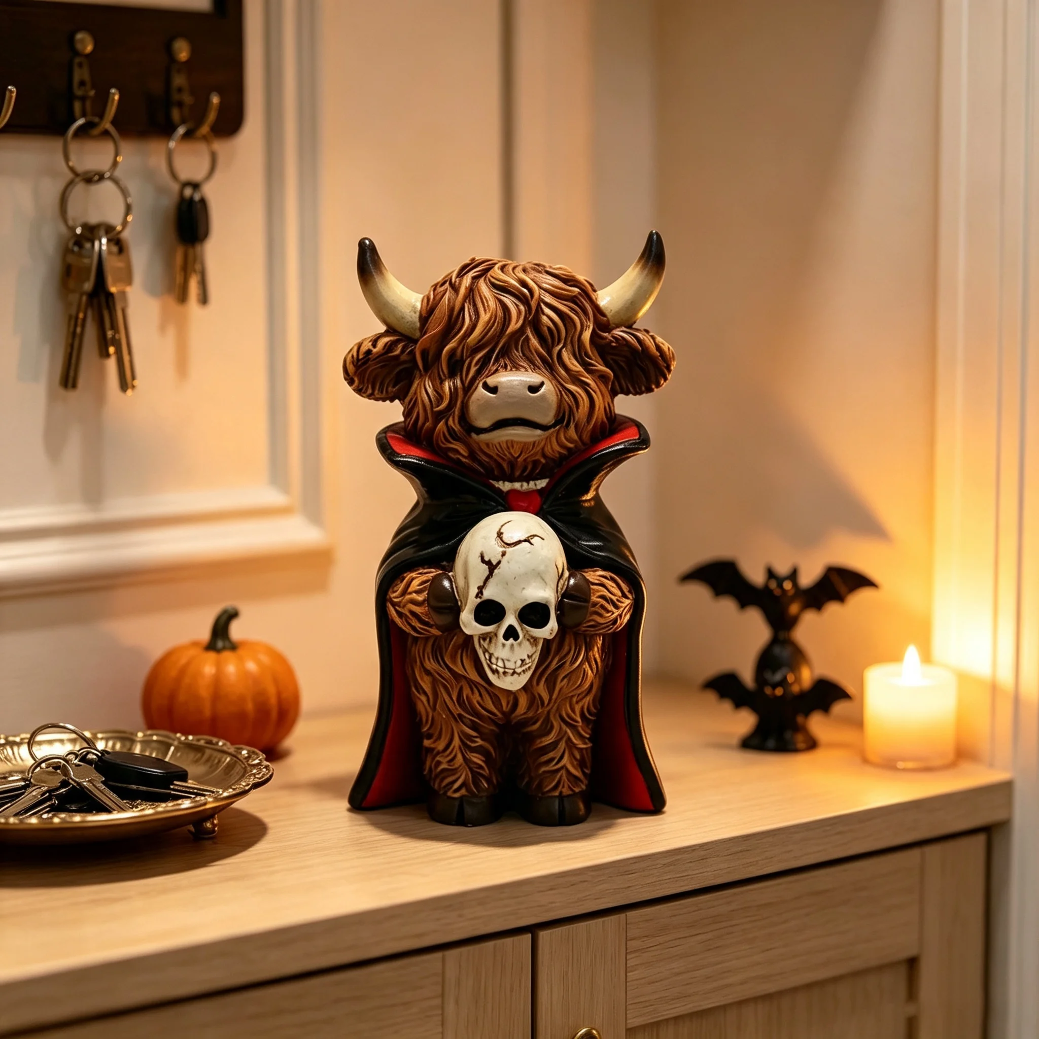 Halloween Highland Cow Figurine, Vampire Style Cow Statue With Skull, Resin Tabletop Decor For Home Festival Display