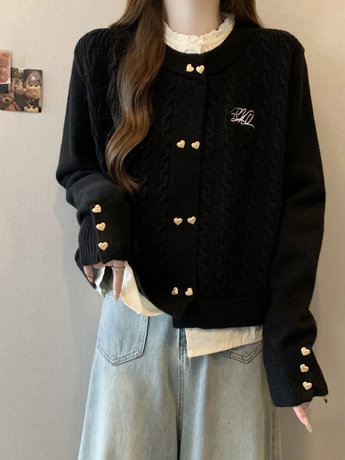 

plus Size Knitted Top with Wood Grain Stand Collar Women's Autumn Winter Embroidery Design Open Cardigan Warm Sweater