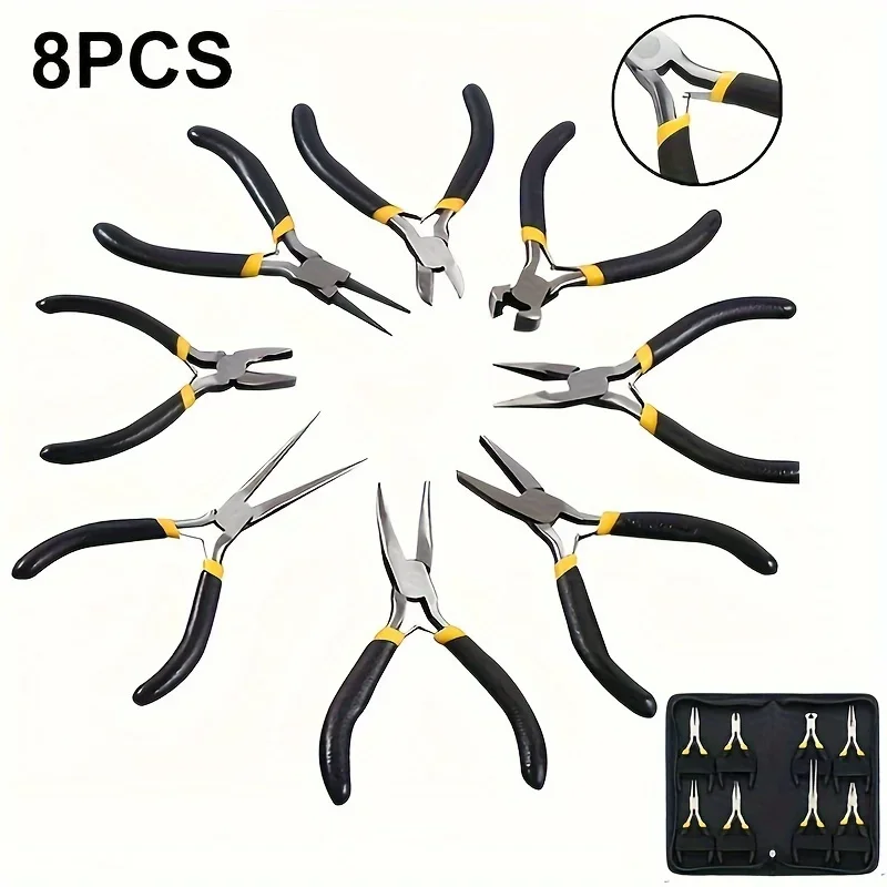 8 Style Portable Durable Carbon Steel Forging Jewellery Pliers Light Weight Making Beading Mini Pliers Tool Round Flat Long Nose