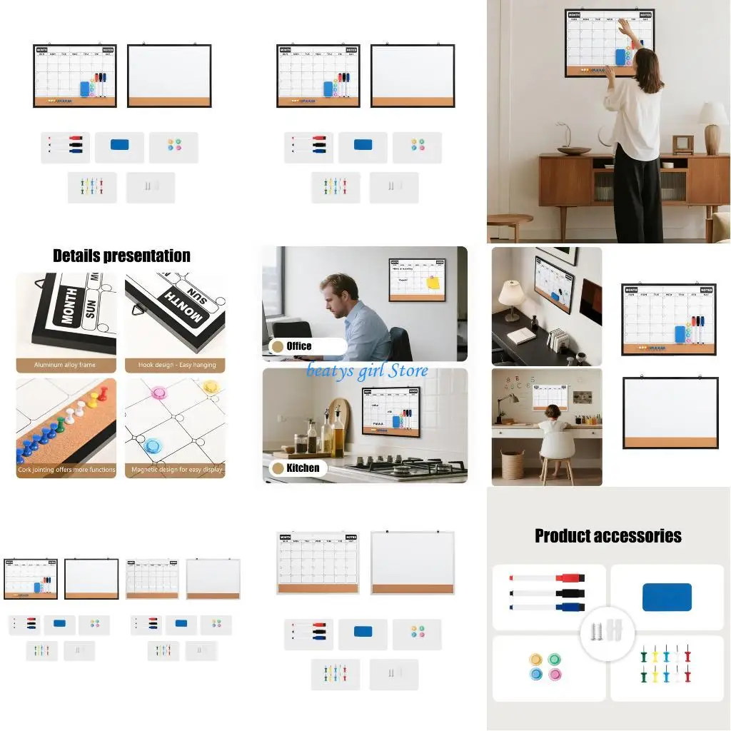 

C7AB Double Surfaces Wall Mount Cork Bulletin Board And Erasable Whiteboard Featuring Monthly Calendar Aluminum Frame