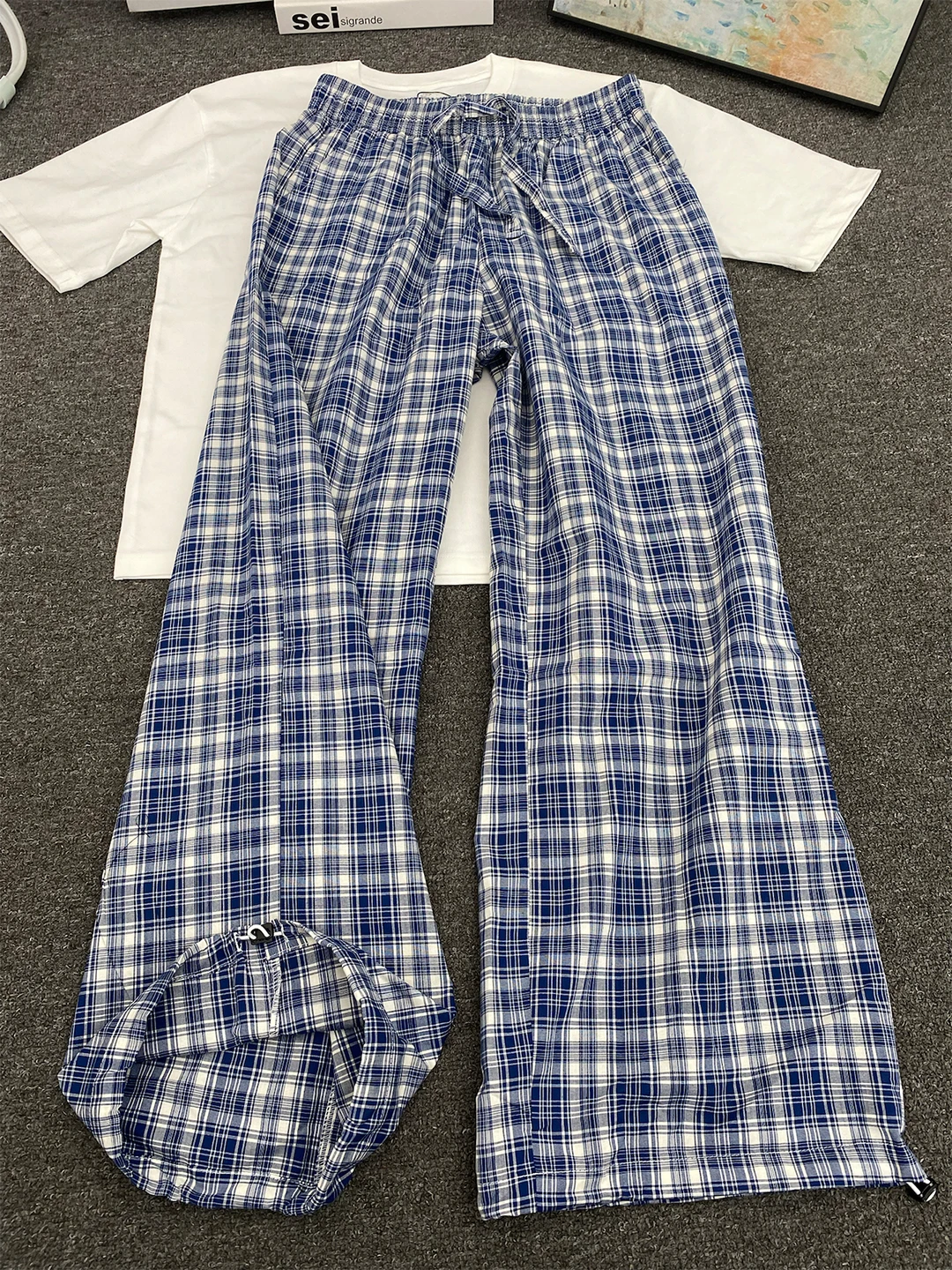 

Blue Plaid Men's Summer Breathable Lazy Sle Drapey Wide Leg Pants American Retro Straight Leg Trousers Casual Faion