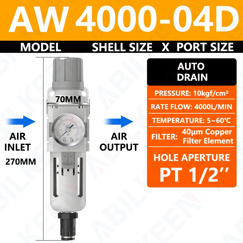 

ABILKEEN AW4000-03/AW4000-04/AW4000-04D Auto Drain/Semi-Auto Darin Air Filter Regulator PT3/8 PT1/2 PNEUMATIC Pressure Regulator
