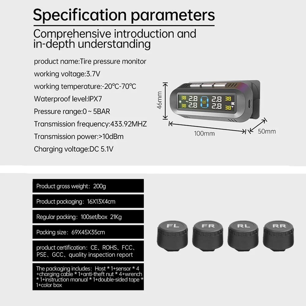 Autobandenspanningscontrolesysteem Temperatuurwaarschuwing Brandstof Bespaar met 4 externe sensoren Solar TPMS Autobandenspanningsmonitor